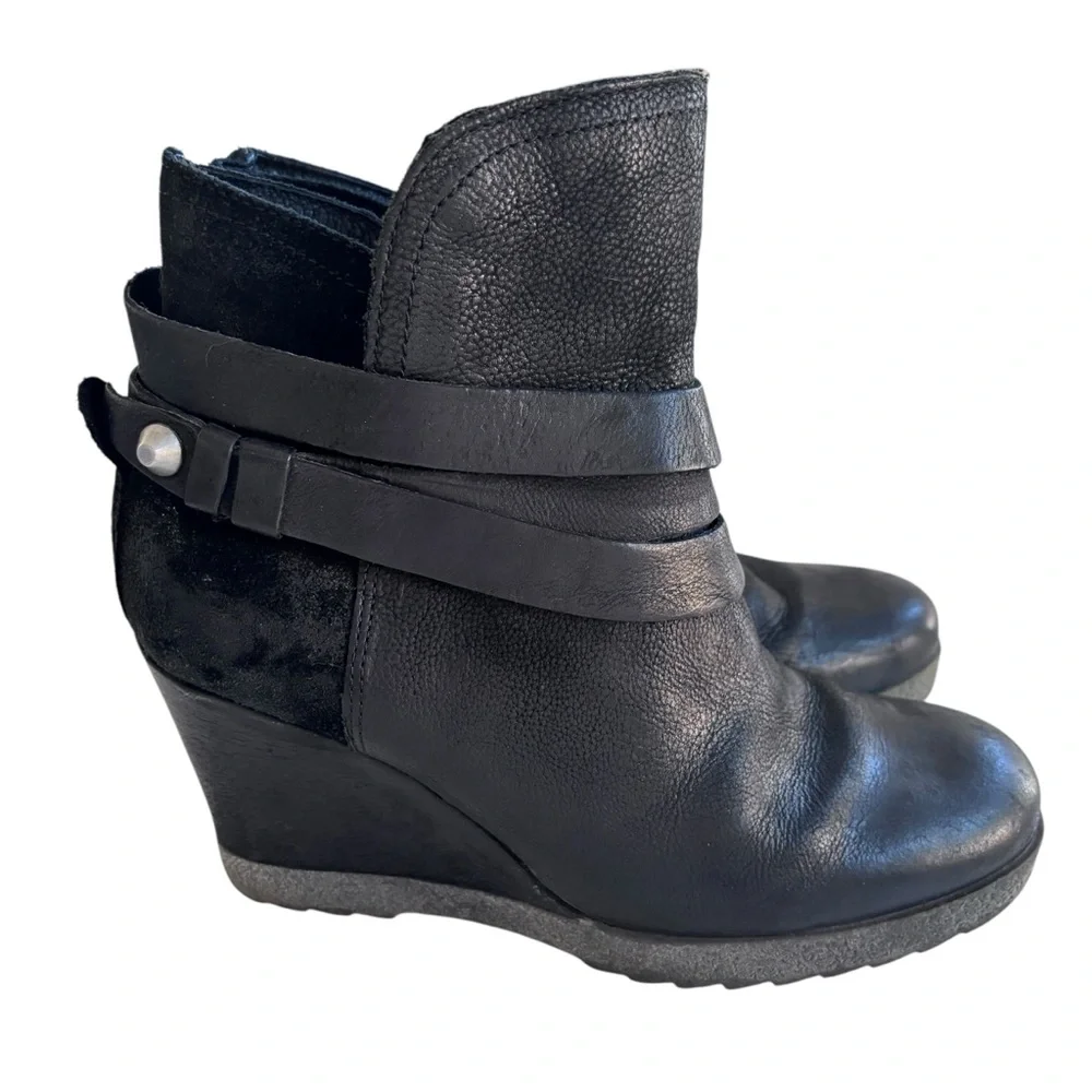 Miz Mooz Narcissa Black Leather Strap Wedge Bootie  Size 38